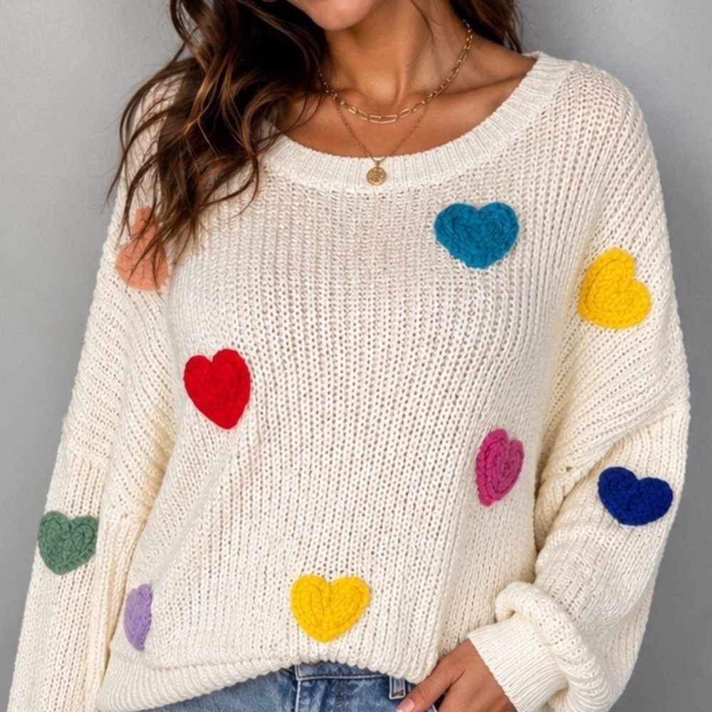 Luna Ivy Crochet Heart Cropped Sweater Cream Multi Color 3D Knit Small